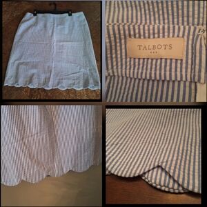 Talbot's Blue White Striped Seersucker Nautical Scalloped Cotton Skirt 14